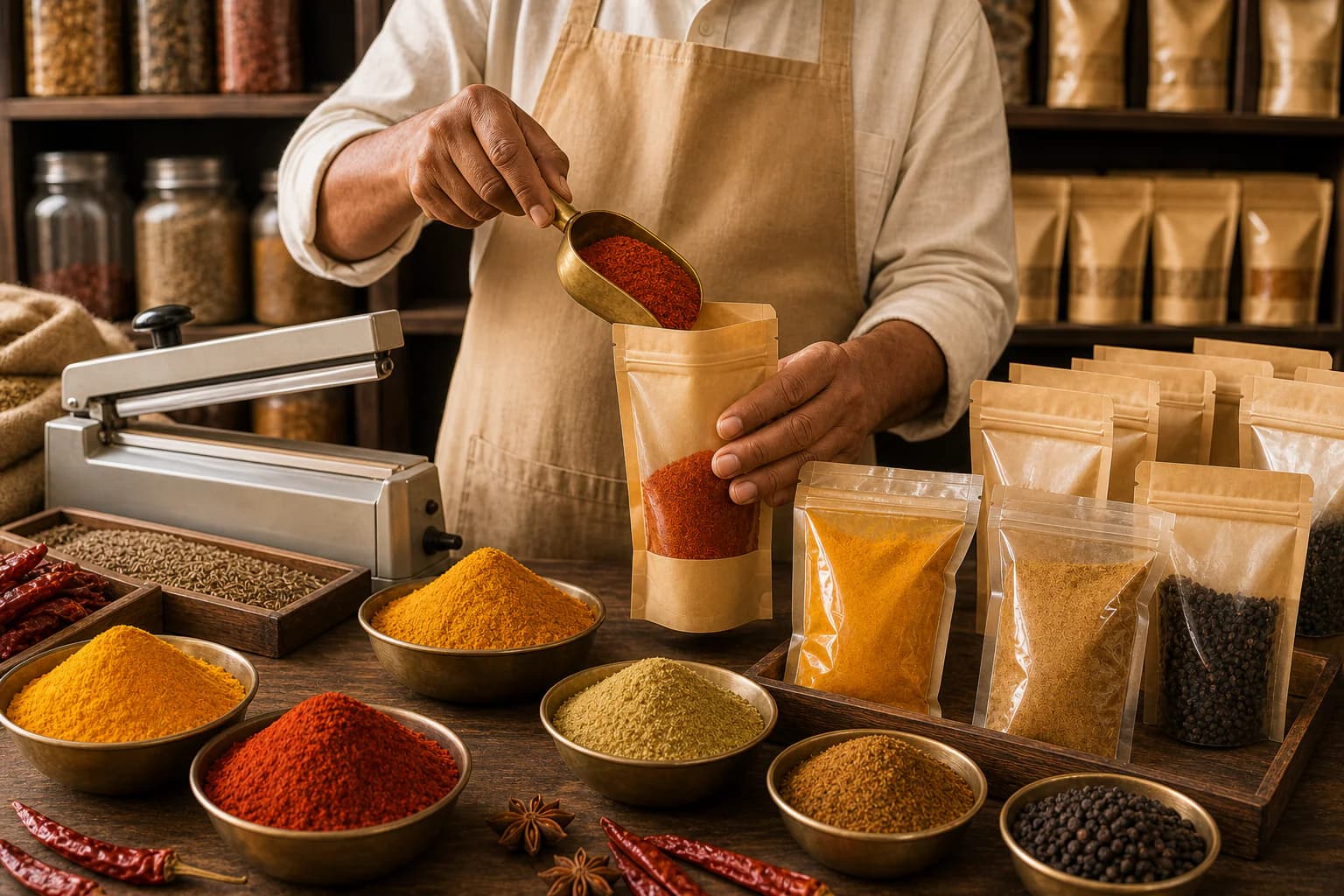 Packing process for UK OM Masale fresh Indian spices in Gaya Bihar